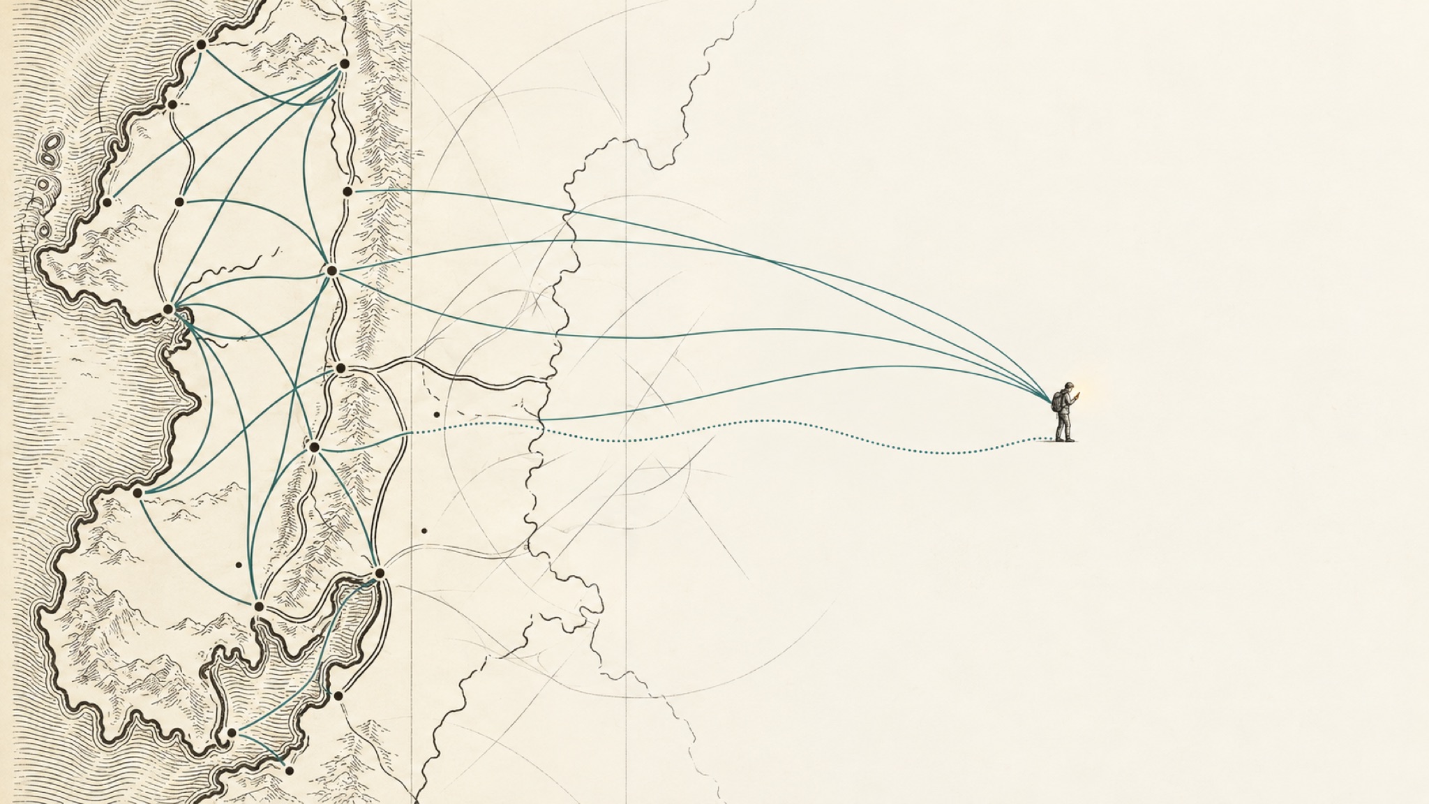 A hiker stands past the edge of a charted map, looking down at a glowing phone, while teal route lines from the map curve out and converge on it.